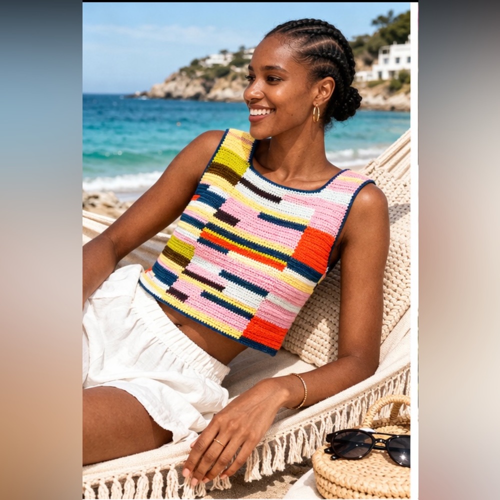 NWT The Elder Statesman Hand Knit Patchwork Crochet Sleeveless Top Sz M